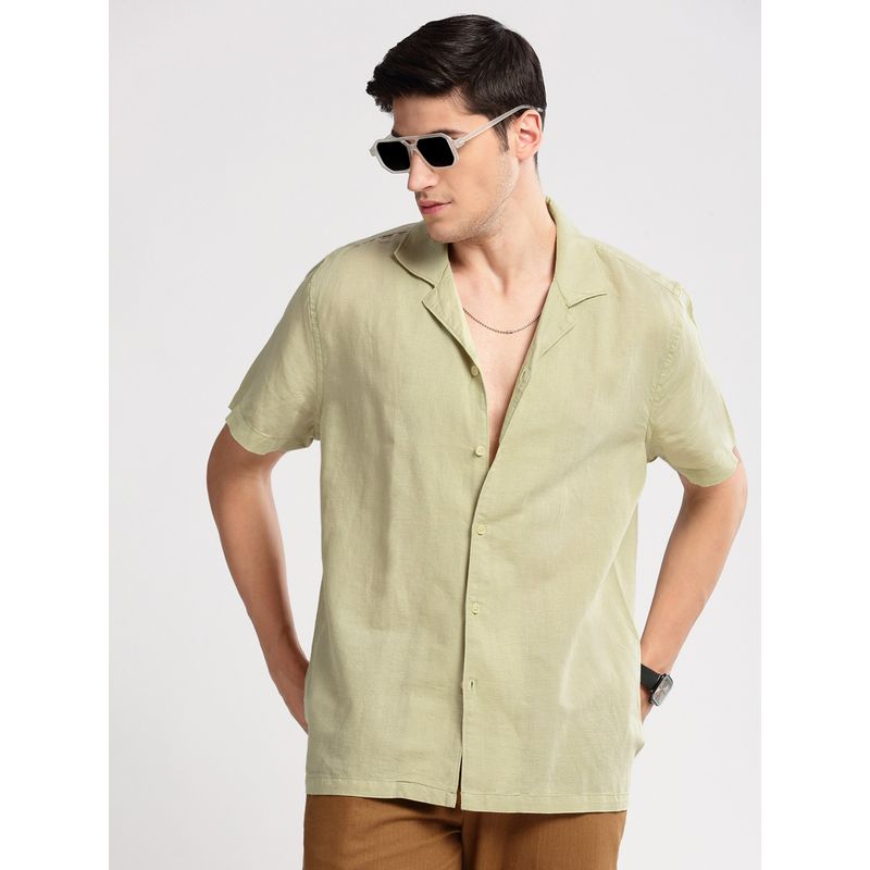 SHOWOFF Mens Short Sleeves Cuban Collar Cotton Solid Green Casual Shirt (2XL)