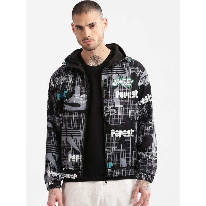 SHOWOFF Mens Hooded Black Typography Bomber Oversized Jacket (L)