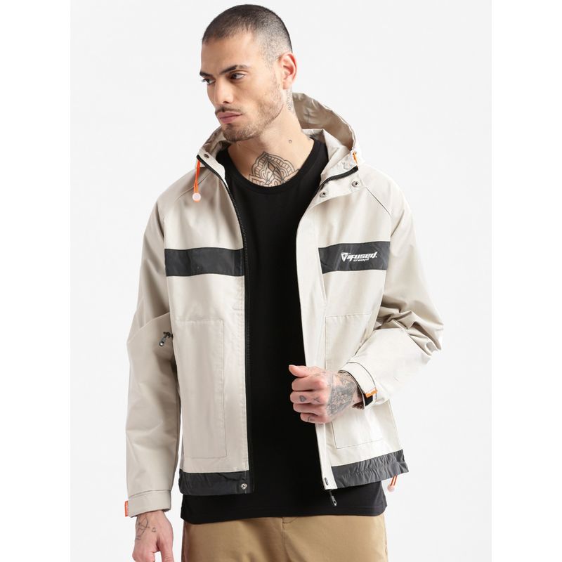 SHOWOFF Mens Hooded Beige Solid Tailored Oversized Jacket (2XL)