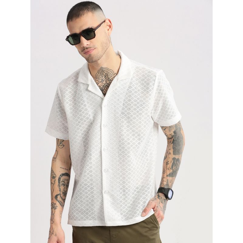SHOWOFF Mens Short Sleeves Cuban Collar Cotton Self Design White Crochet Shirt (M)