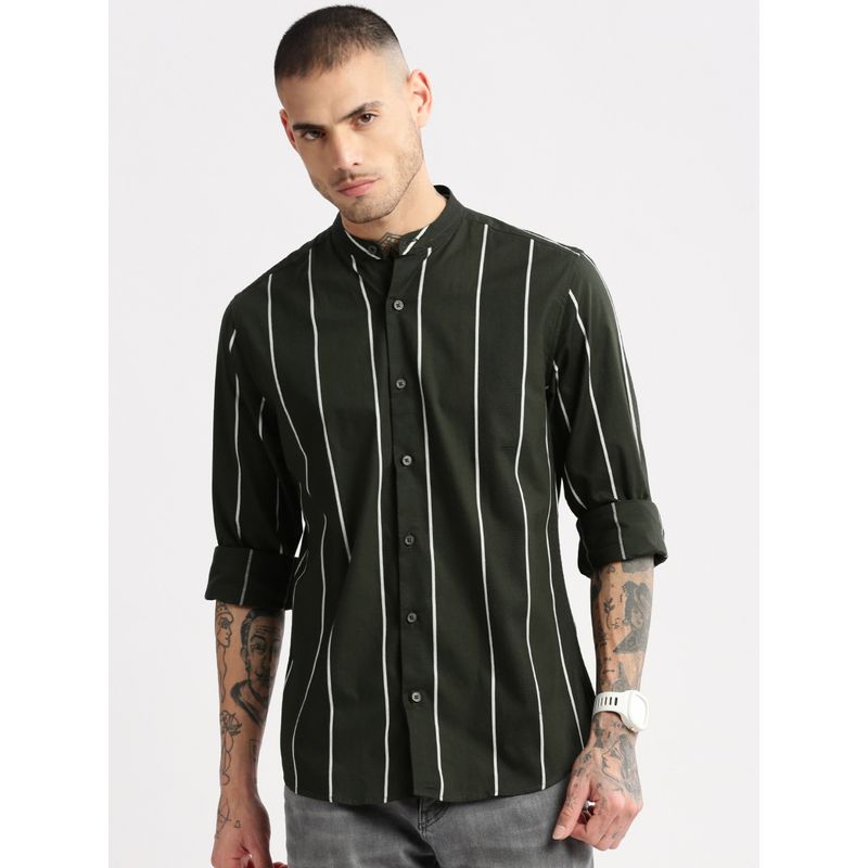 SHOWOFF Mens Long Sleeves Mandarin Collar Cotton Vertical Stripes Green Casual Shirt (2XL)