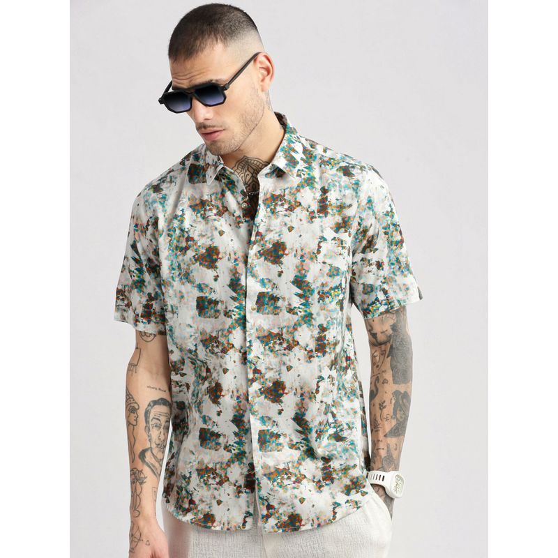 SHOWOFF Mens Short Sleeves Spread Collar Cotton Abstract Multi Casual Shirt (XL)