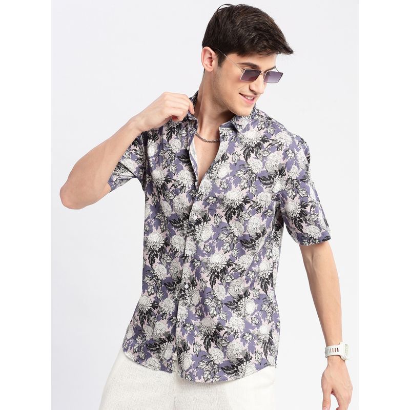 SHOWOFF Mens Short Sleeves Spread Collar Cotton Floral Lavender Casual Shirt (S)