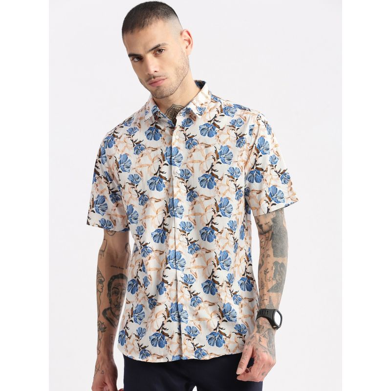 SHOWOFF Mens Short Sleeves Spread Collar Cotton Floral Multi Casual Shirt (S)