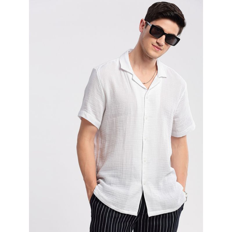 SHOWOFF Mens Short Sleeves Cuban Collar Cotton Solid White Casual Shirt (S)