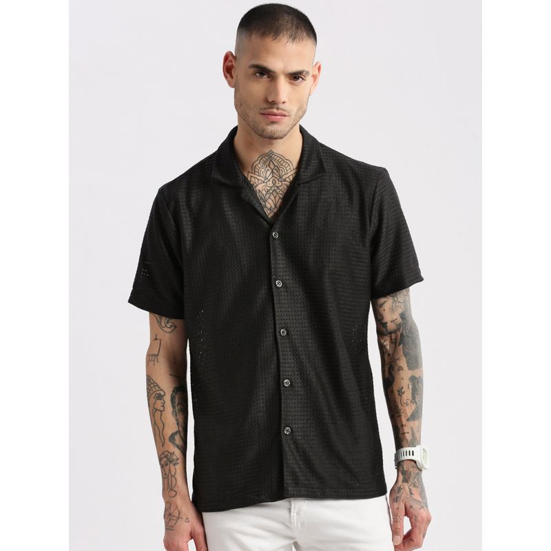 SHOWOFF Mens Short Sleeves Cuban Collar Cotton Self Design Black Crochet Shirt (M)