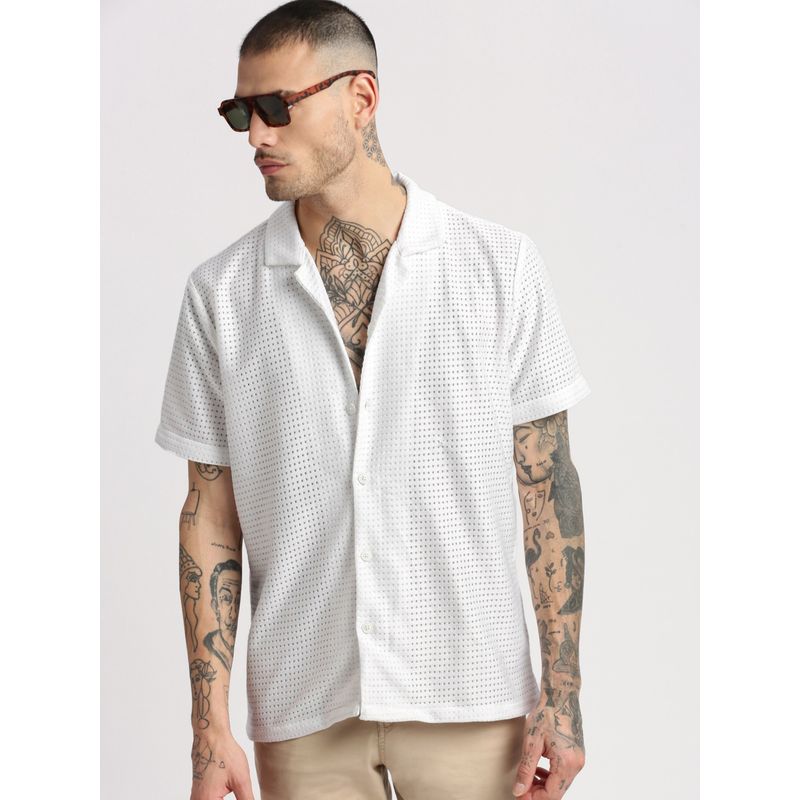 SHOWOFF Mens Short Sleeves Cuban Collar Cotton Self Design White Crochet Shirt (M)