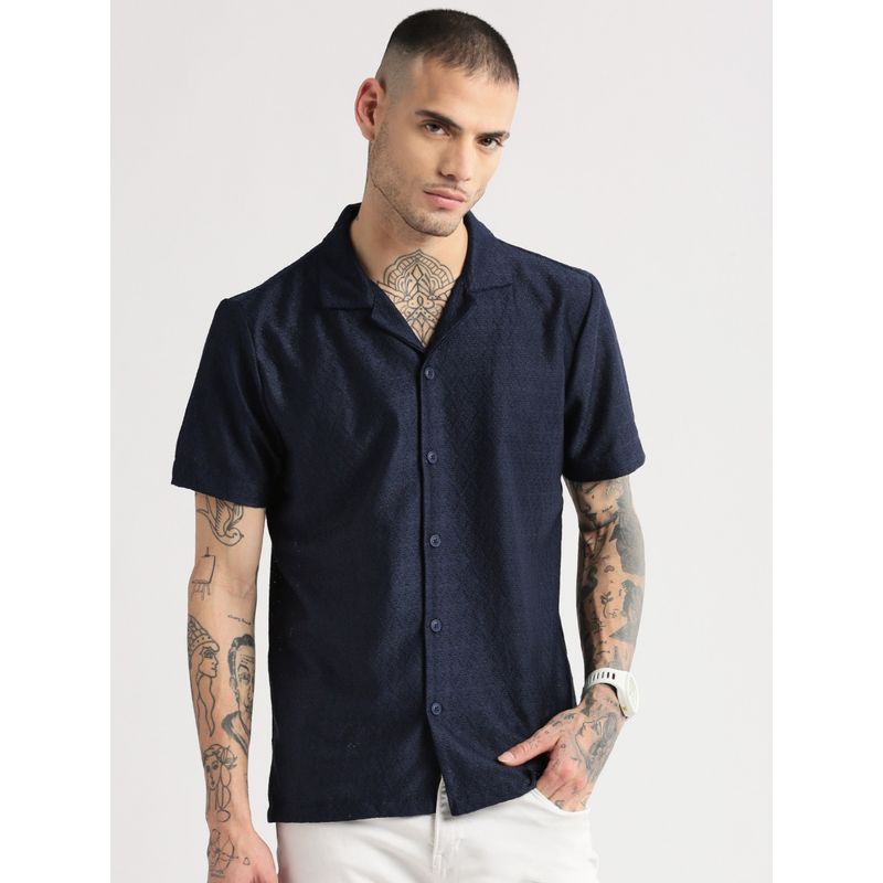 SHOWOFF Mens Short Sleeves Cuban Collar Cotton Self Design Navy Blue Crochet Shirt (XL)