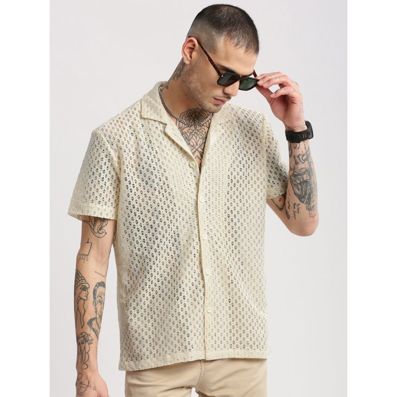 SHOWOFF Mens Short Sleeves Cuban Collar Cotton Self Design Cream Crochet Shirt (M)