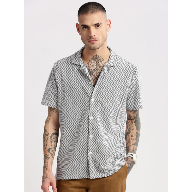 SHOWOFF Mens Short Sleeves Cuban Collar Cotton Self Design Grey Crochet Shirt (S)