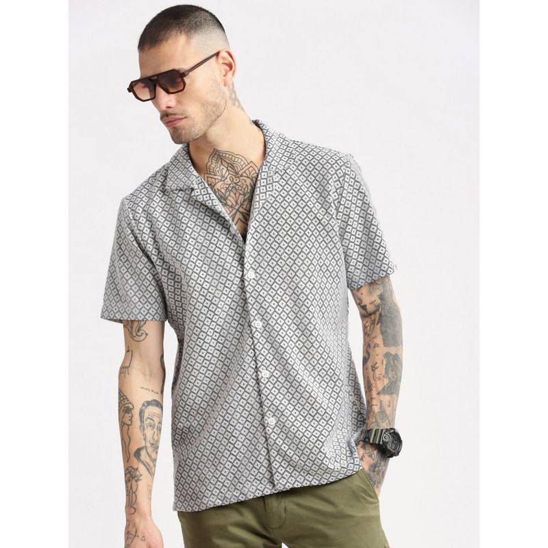 SHOWOFF Mens Short Sleeves Cuban Collar Cotton Self Design Grey Crochet Shirt (2XL)