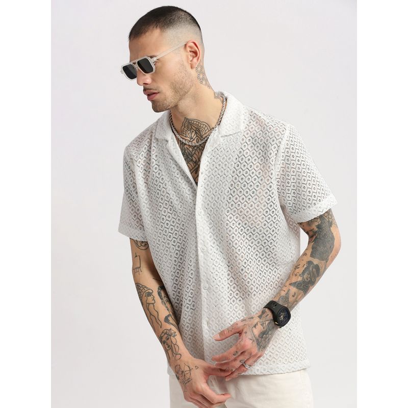 SHOWOFF Mens Short Sleeves Cuban Collar Cotton Self Design White Crochet Shirt (M)
