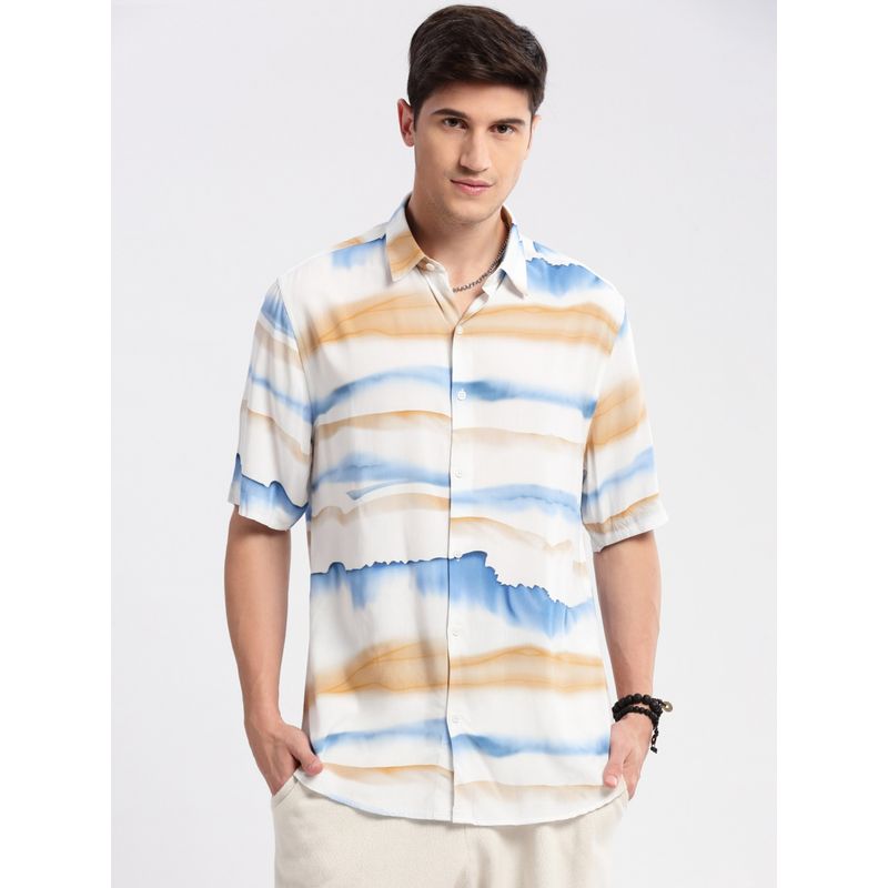 SHOWOFF Mens Short Sleeves Spread Collar Cotton Abstract Off White Casual Shirt (L)