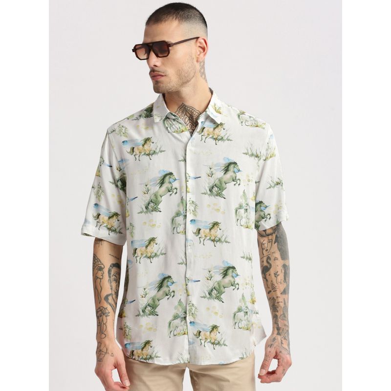 SHOWOFF Mens Short Sleeves Spread Collar Cotton Animal Off White Casual Shirt (L)