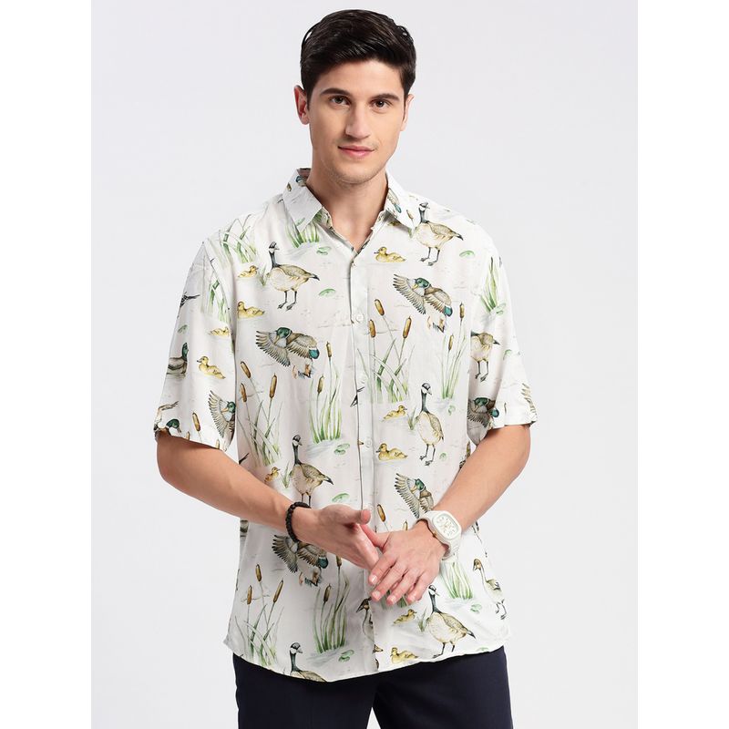 SHOWOFF Mens Short Sleeves Spread Collar Cotton Animal Off White Casual Shirt (XL)