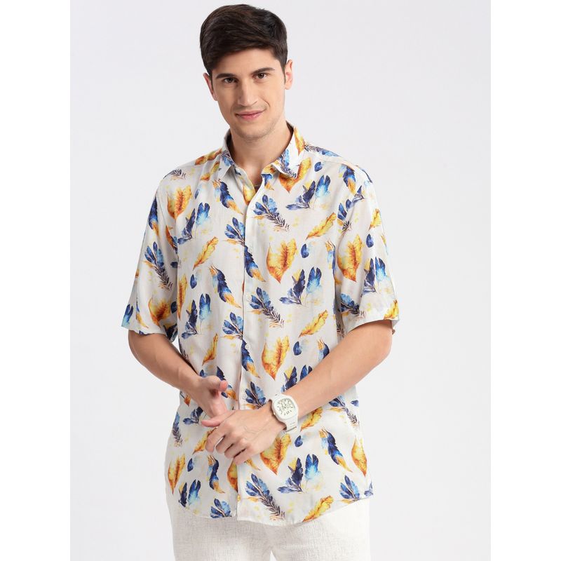 SHOWOFF Mens Short Sleeves Spread Collar Cotton Printed Off White Casual Shirt (XL)