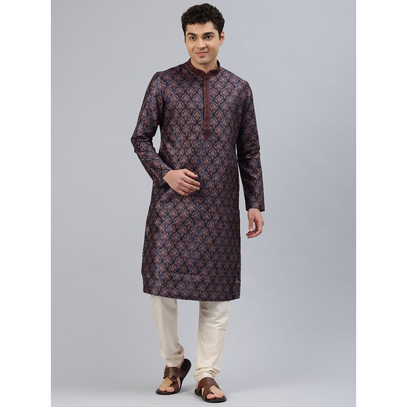 Manthan Navy Blue Art Silk Printed Kurta and Churidar (Set of 2) (L)