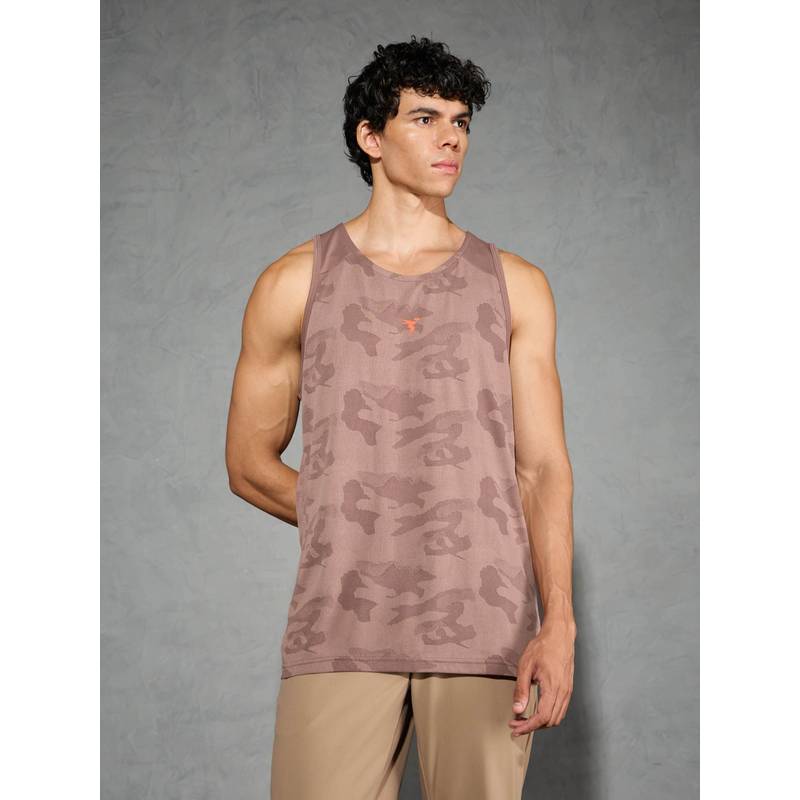 Technosport Men Brown Jacquard Slim Fit Round Neck Sports Tank Top with Ventmesh (M)