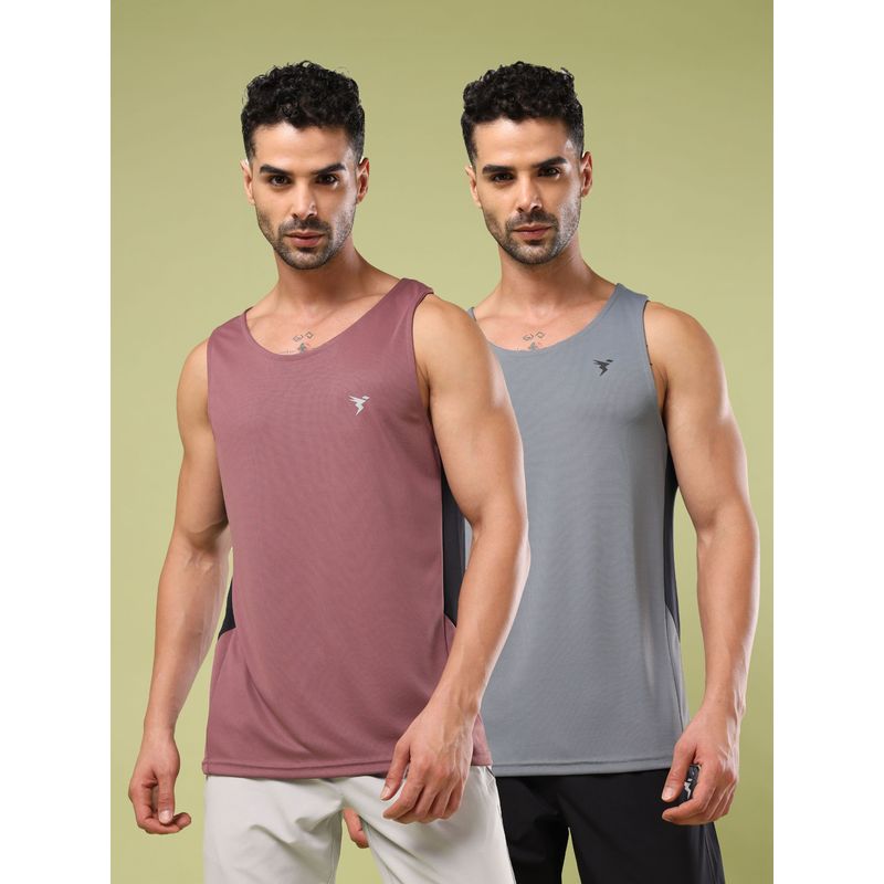Technosport Men Solid Multi-Color Round Neck Sports Tank Top with Technocool+ (Pack of 2) (2XL)
