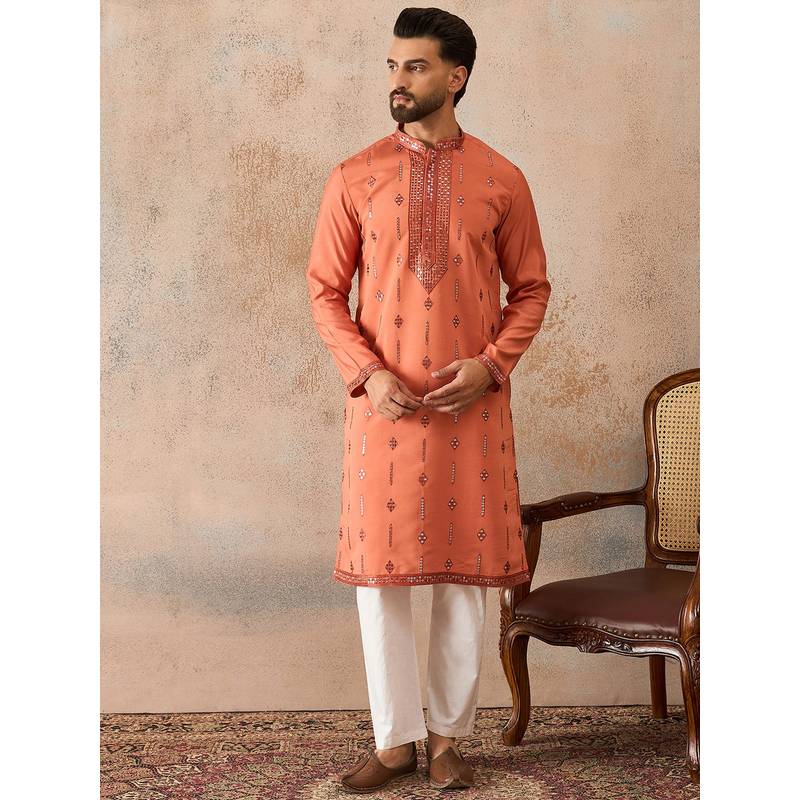 ETHNIC BAY Mens Orange Silk Blend Embroidered Kurta With Trouser (S)