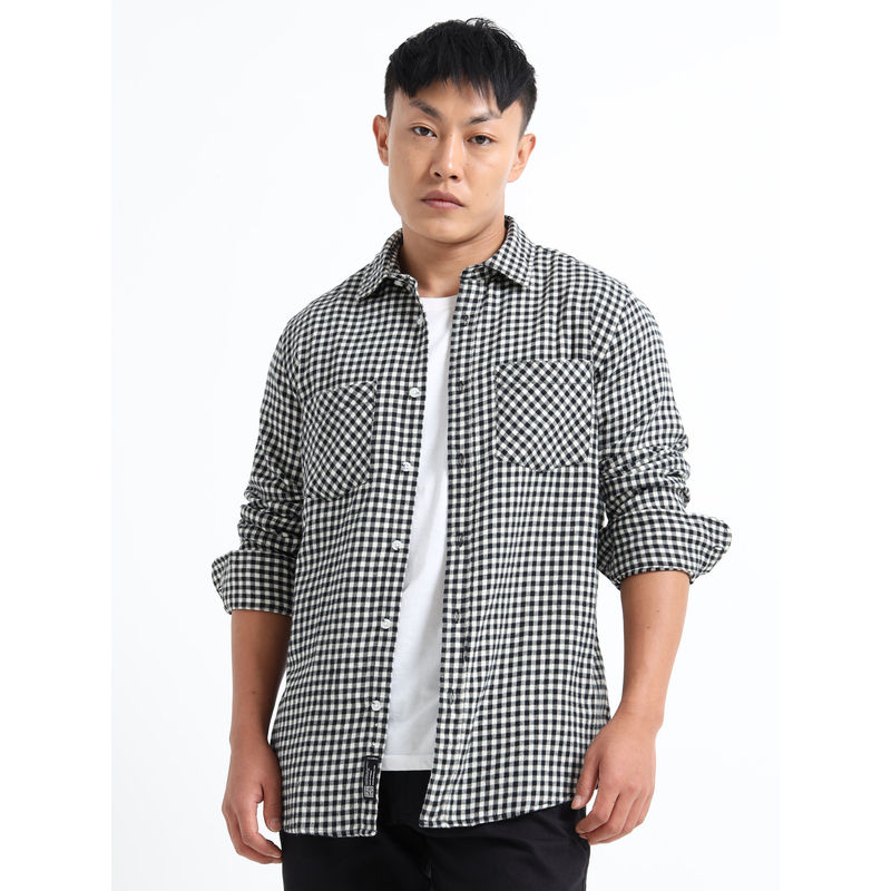 SILISOUL Black Pure Brushed Cotton Regular Fit Double Pocket Full Sleeve Checks Shirt (S)