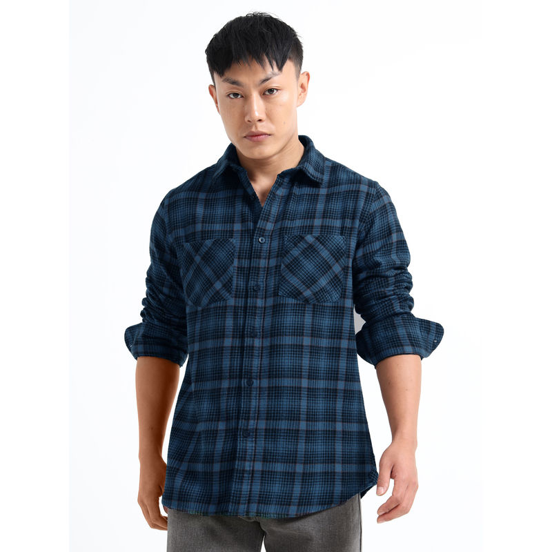 SILISOUL Blue Pure Brushed Cotton Regular Fit Double Pocket Full Sleeve Checks Shirt (M)