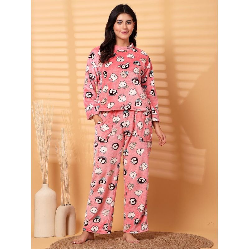Secret Wish Pink Printed Fur Woolen Night Suit (Set of 2) (S)