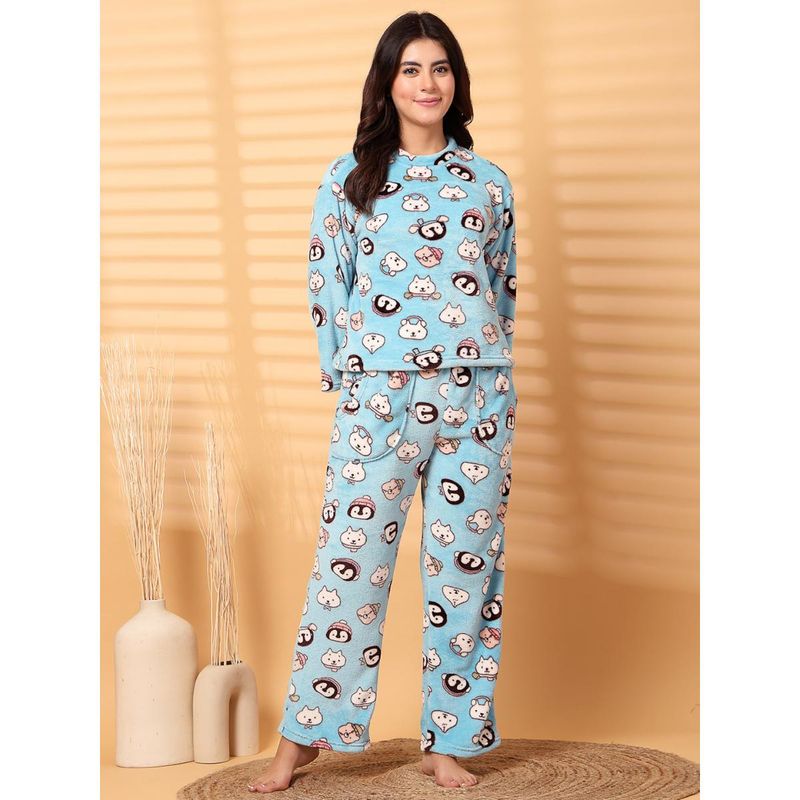 Secret Wish Sky Blue Printed Fur Woolen Night Suit (Set of 2) (S)