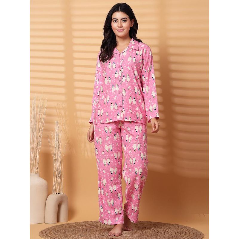 Secret Wish Pink Printed Flannel Night Suit (Set of 2) (S)