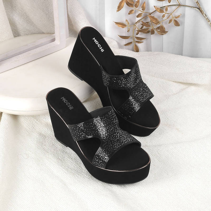 Mochi Women Black Open Casual Wedges Heels (EURO 36)