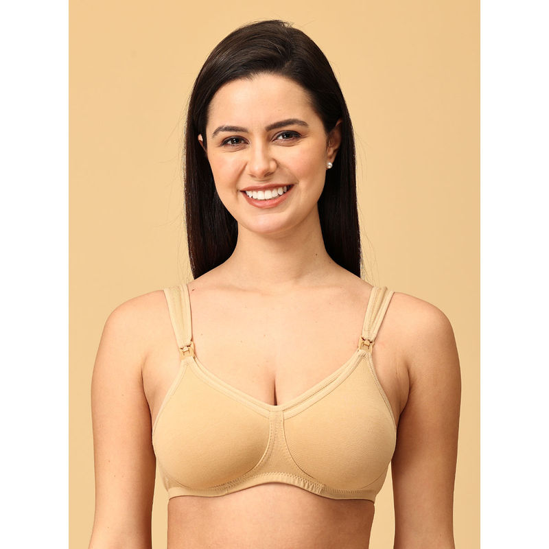 The Mom Store Beige Cotton Elastane Solid Nursing and Feeding Non Padded Bra (36C)