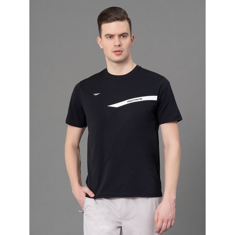Red Tape Black Polyester Stretch Solid Mens Activewear T-Shirt (S)
