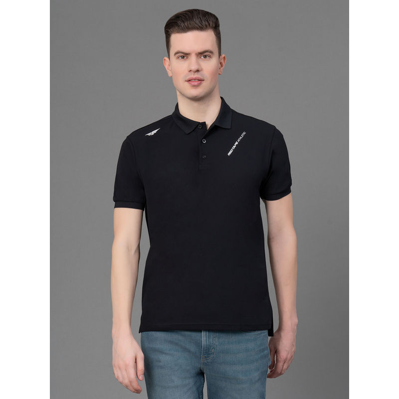 Red Tape Black Polyester Stretch Solid Mens Activewear Polo T-Shirt (M)