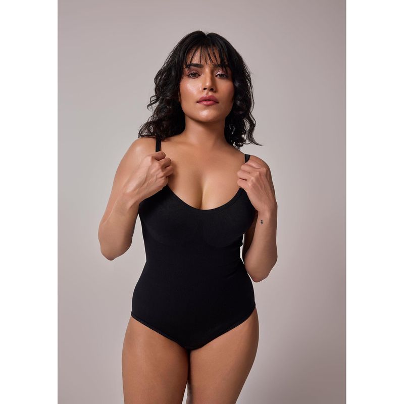 INVOGUE Black Nylon Solid Shapewear Bodysuit (M)