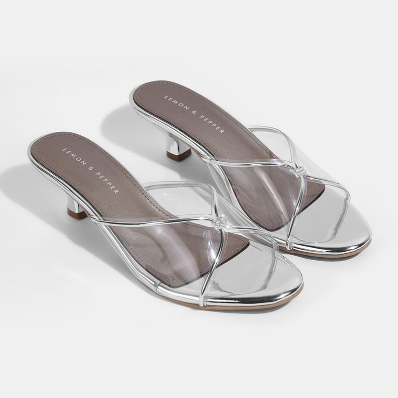 Lemon & Pepper Silver Transparent Kitten Heels (EURO 38)