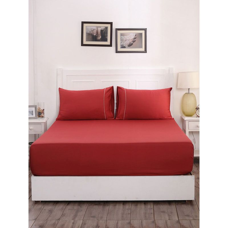 Maspar Colorart Viola Solid 300 Tc Cotton Brick Red Bed Sheet With 1 Pillow Cover (Single)