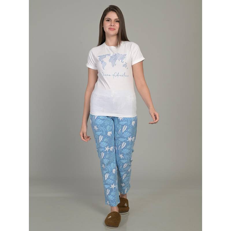 MAYSIXTY Womens Printed T-Shirt And Pyjama - White (S)