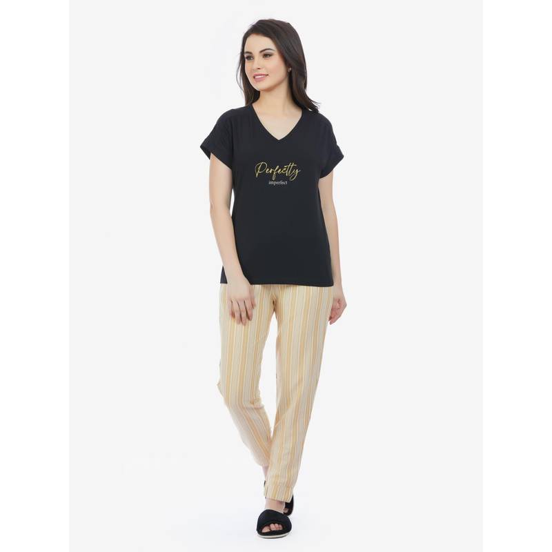 MAYSIXTY Cotton Sleepwear Top And Joggers - Black And Cream (M)
