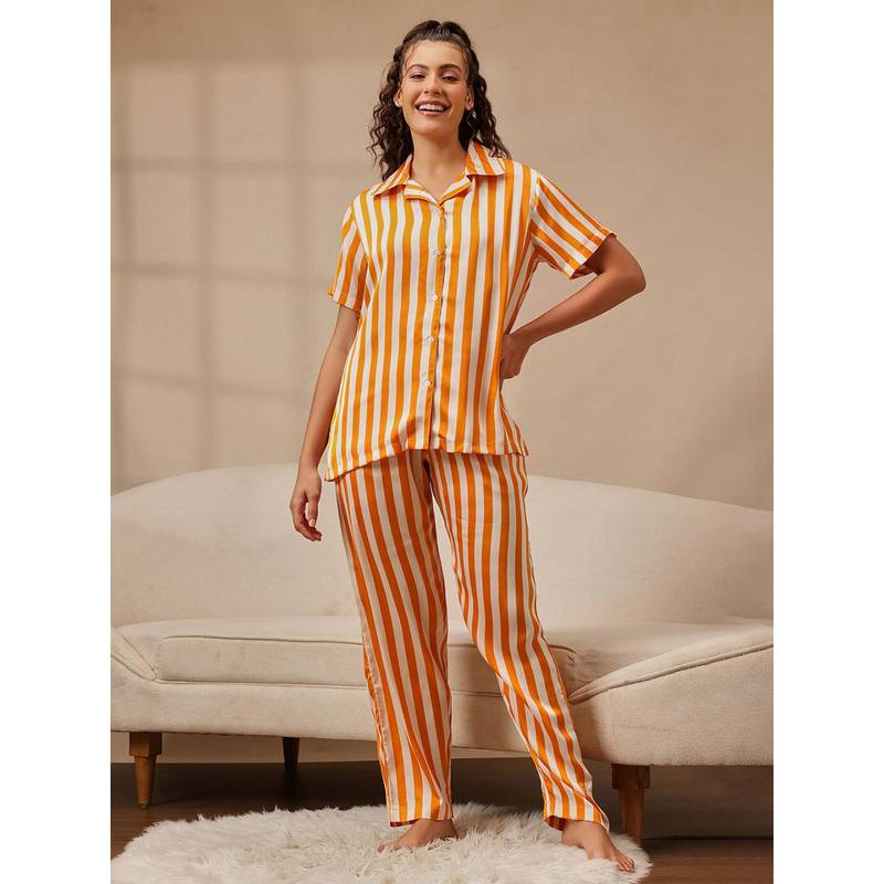 Clovia Satin Striped Button-Down Shirt And Pyjama Orange (L)