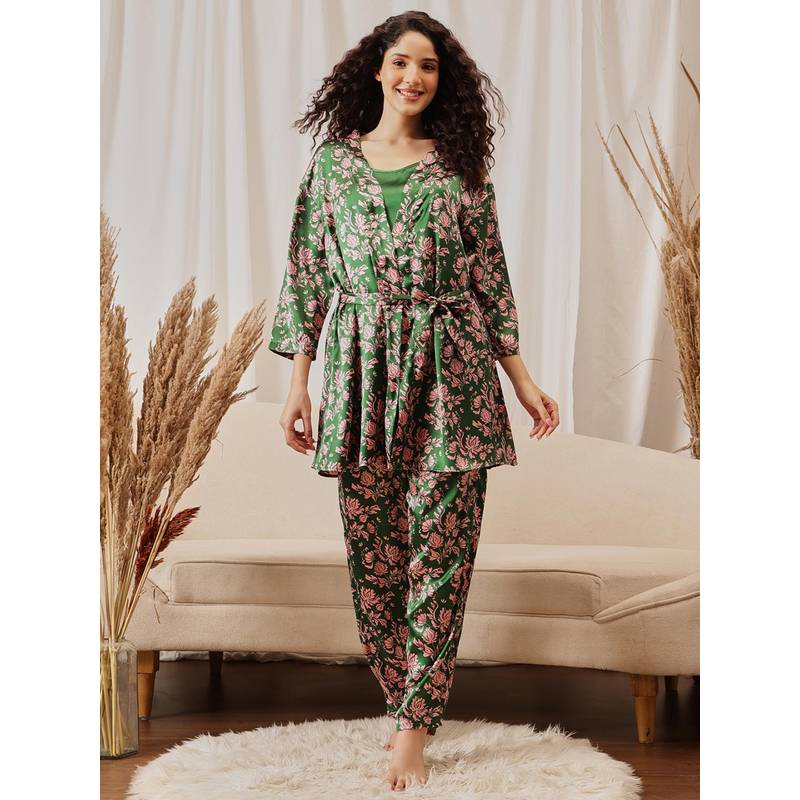 Clovia Stin 3 Pc Fern Green - Cami Top, Pyjama And Robe (2XL)