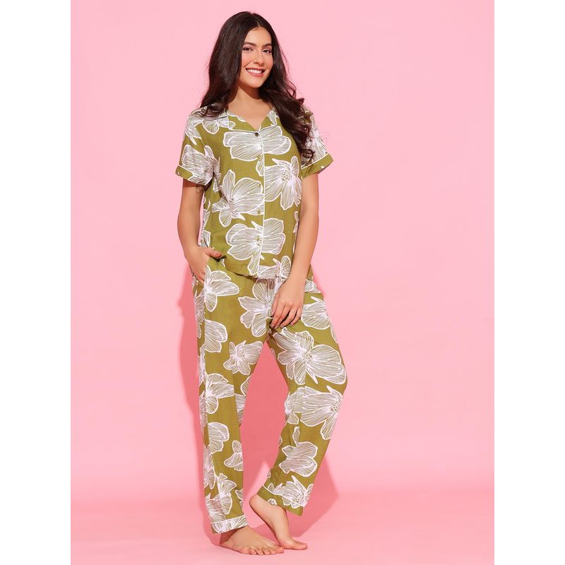 Clovia Rayon Floral Print Button-Down Shirt And Pyjama (3XL)