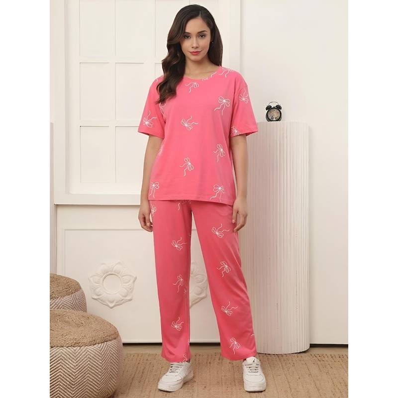 Kanvin Cotton Modal Pink Bow Print Night Suit (M)