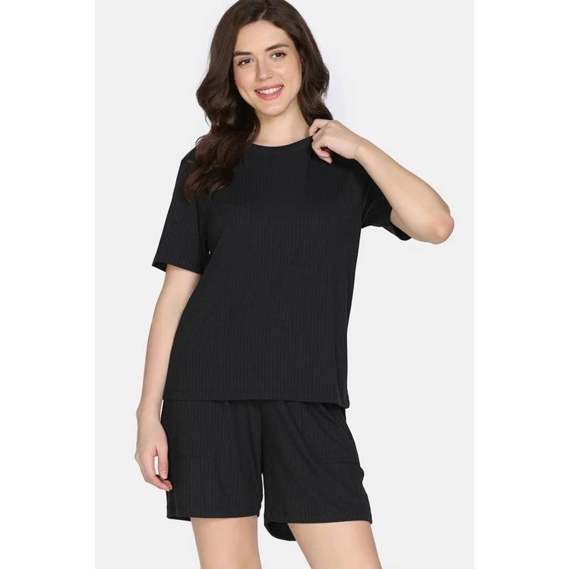 Zivame 2 Mile Fashion Knit Poly Nightsuit - Black Beauty (L)
