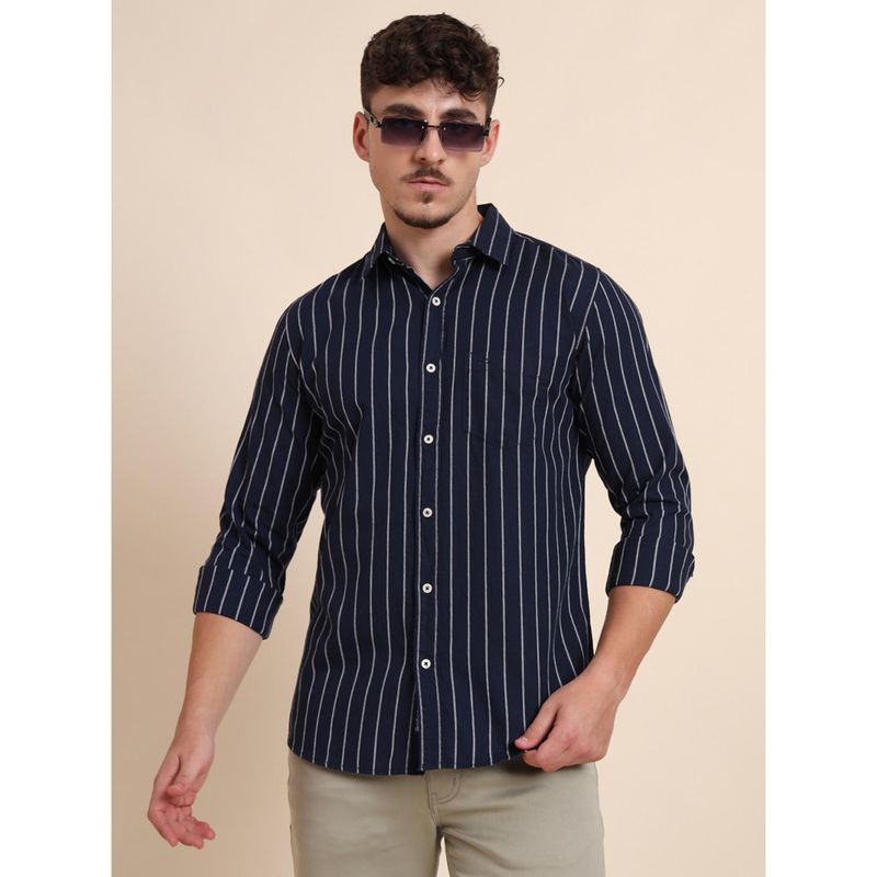 JadeBlue Navy Blue 100% Cotton Striped Casual Shirt (39)