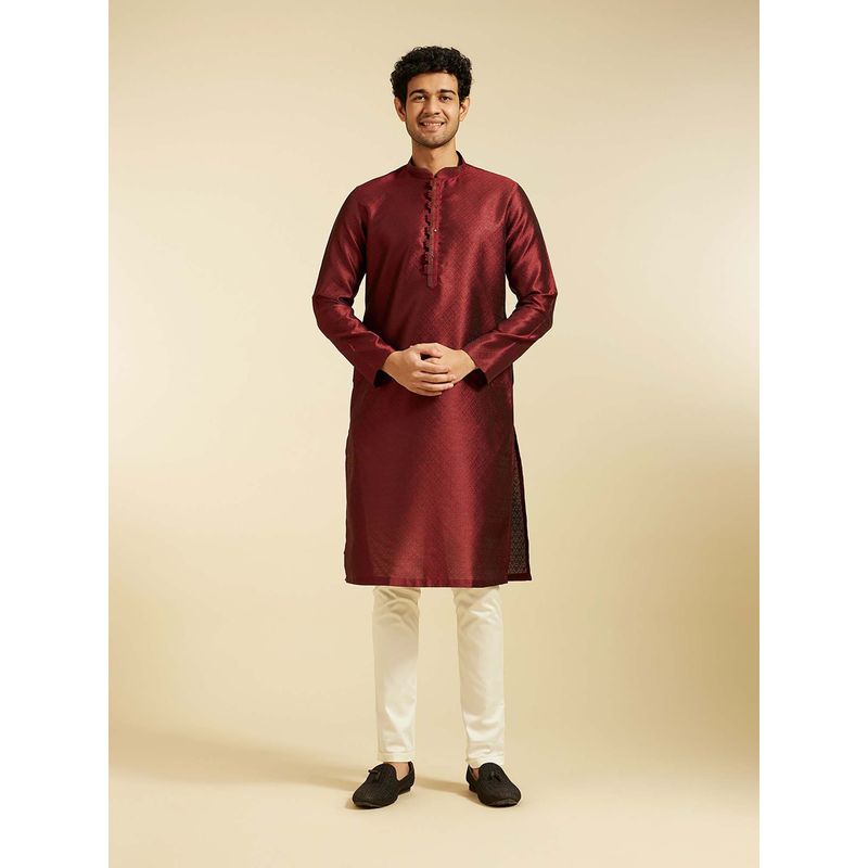 Diwas by Manyavar Maroon Art Silk Jacquard Woven Kurta with Pyjama (Set of 2) (L)