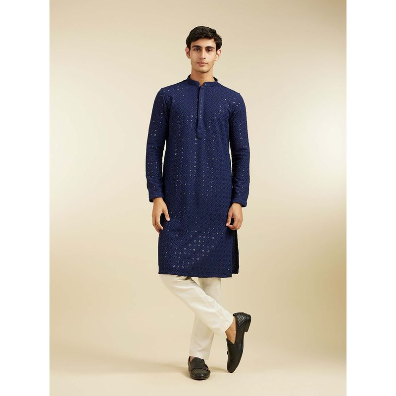 Diwas by Manyavar Navy Blue Viscose Embroidered Kurta with Pyjama (Set of 2) (S)