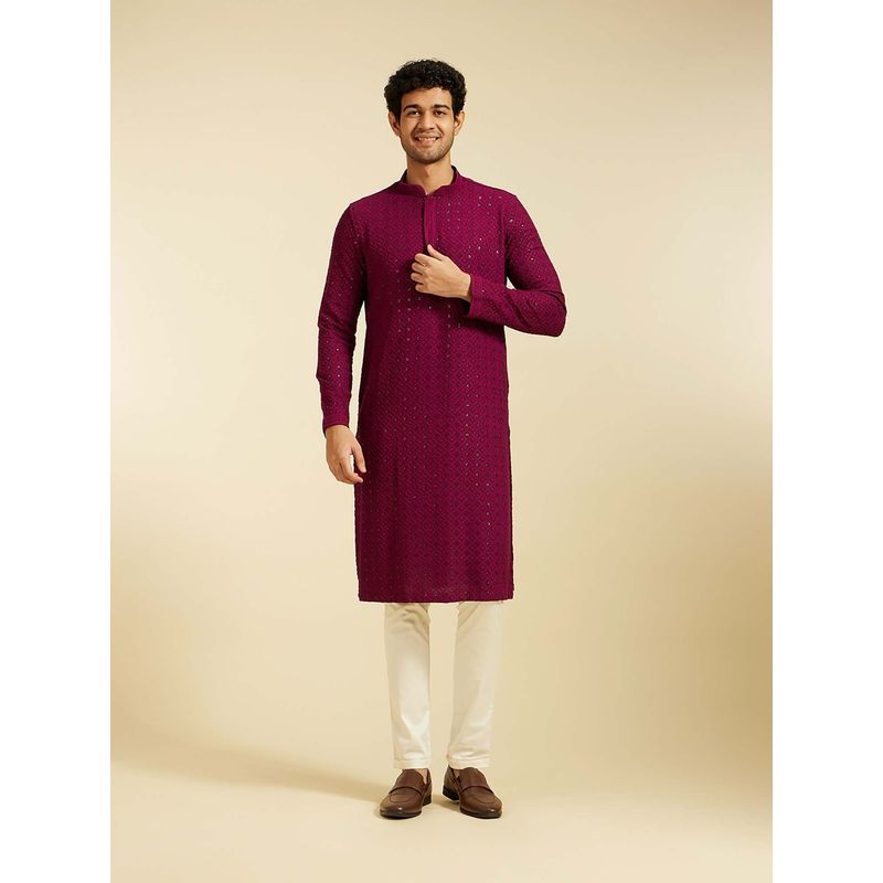 Diwas by Manyavar Wine Viscose Embroidered Kurta with Pyjama (Set of 2) (M)