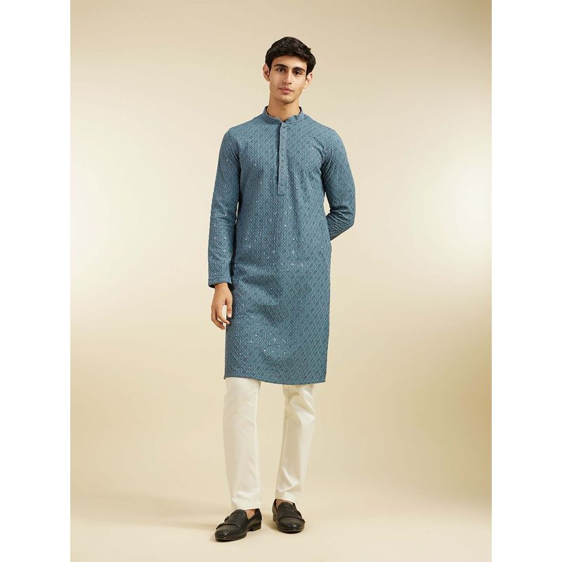 Diwas by Manyavar Blue Viscose Embroidered Sequined Work Kurta with Pyjama (Set of 2) (S)