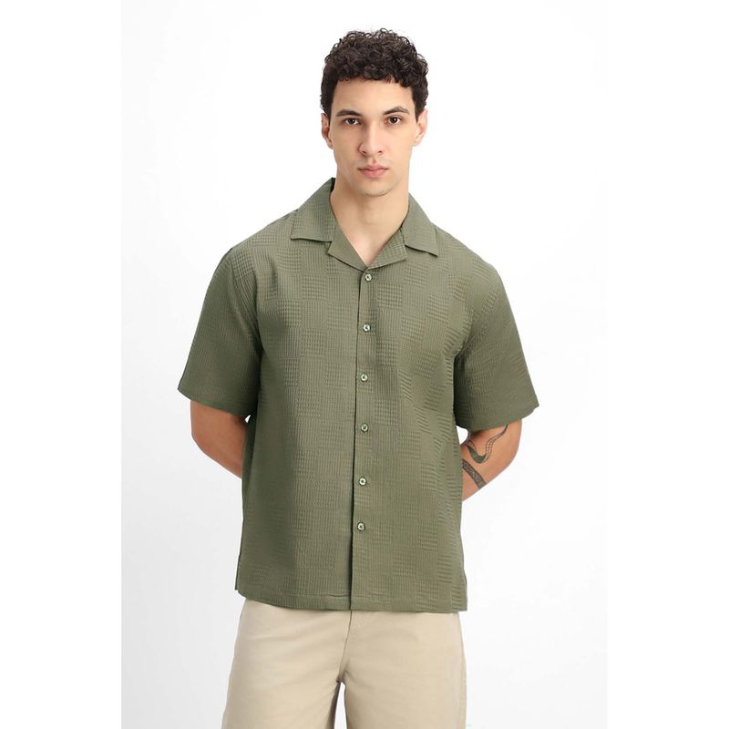Snitch Olive Textured Half Sleeves Casual Shirt (M)