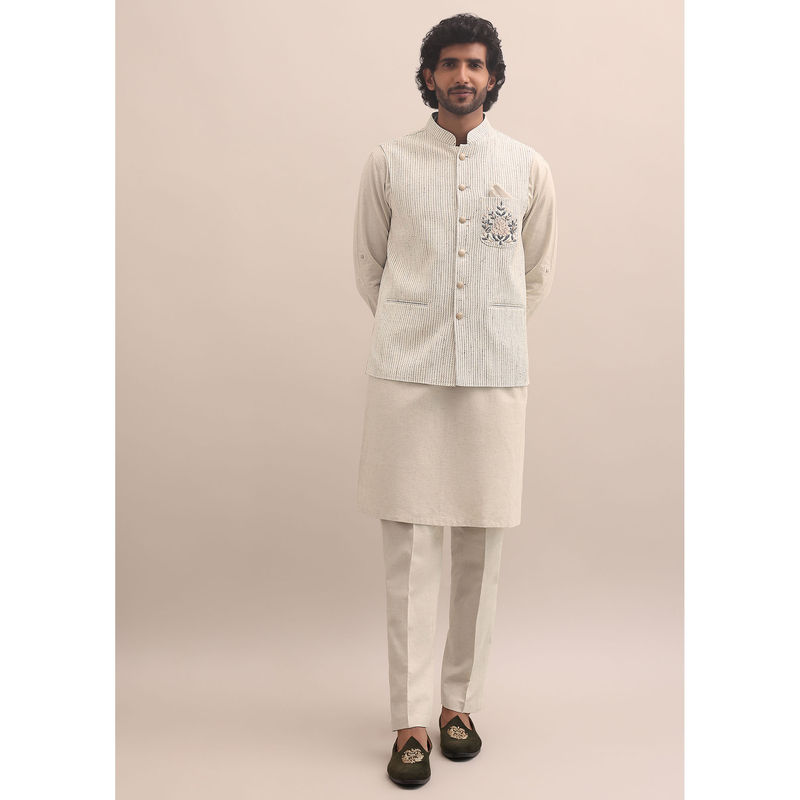 Grey Kalamkari Mens Jacket Kurta and Pant Set